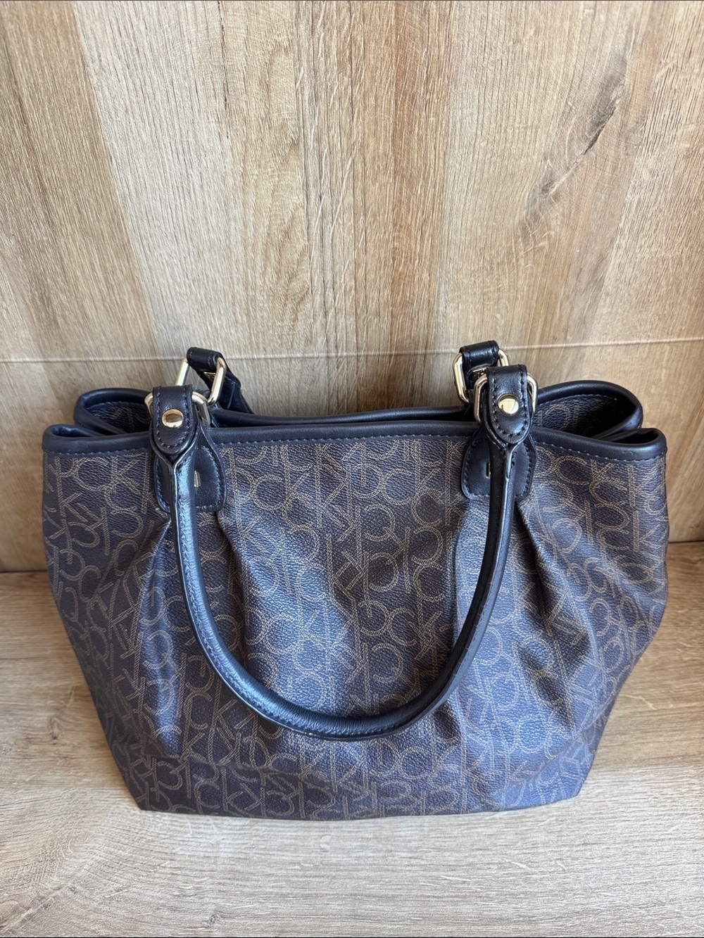 Calvin Klein Brown Monogram Logo Tote with Black Trim
